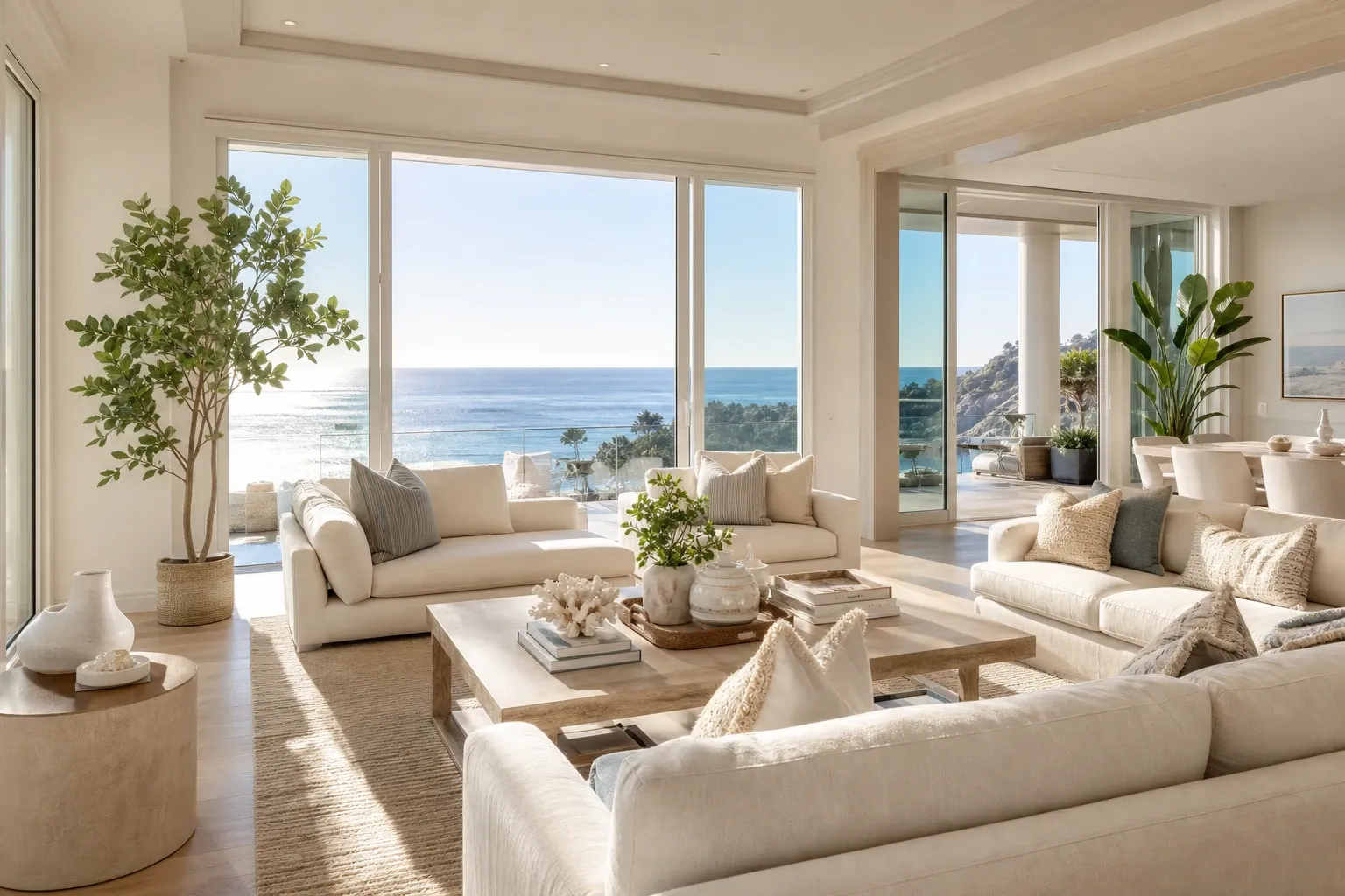 Bright coastal living room staged for sale