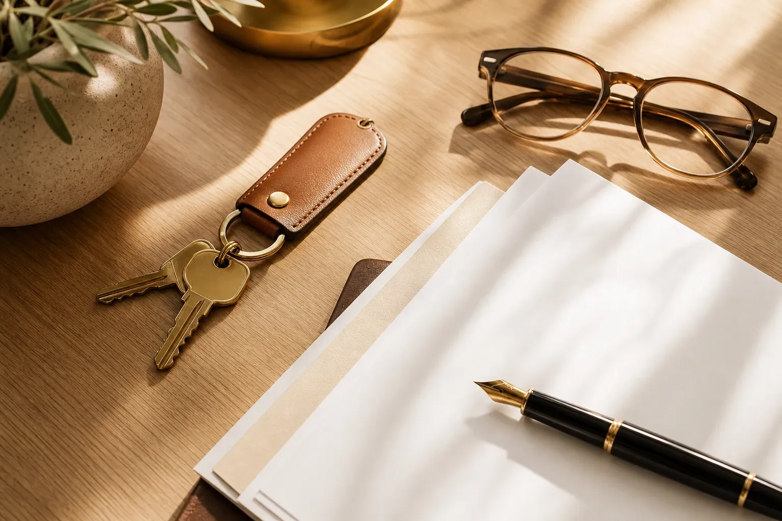 Keys, pen and paperwork on a desk