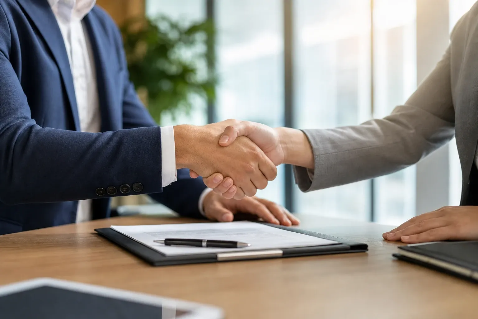 Handshake across a desk over signed documents