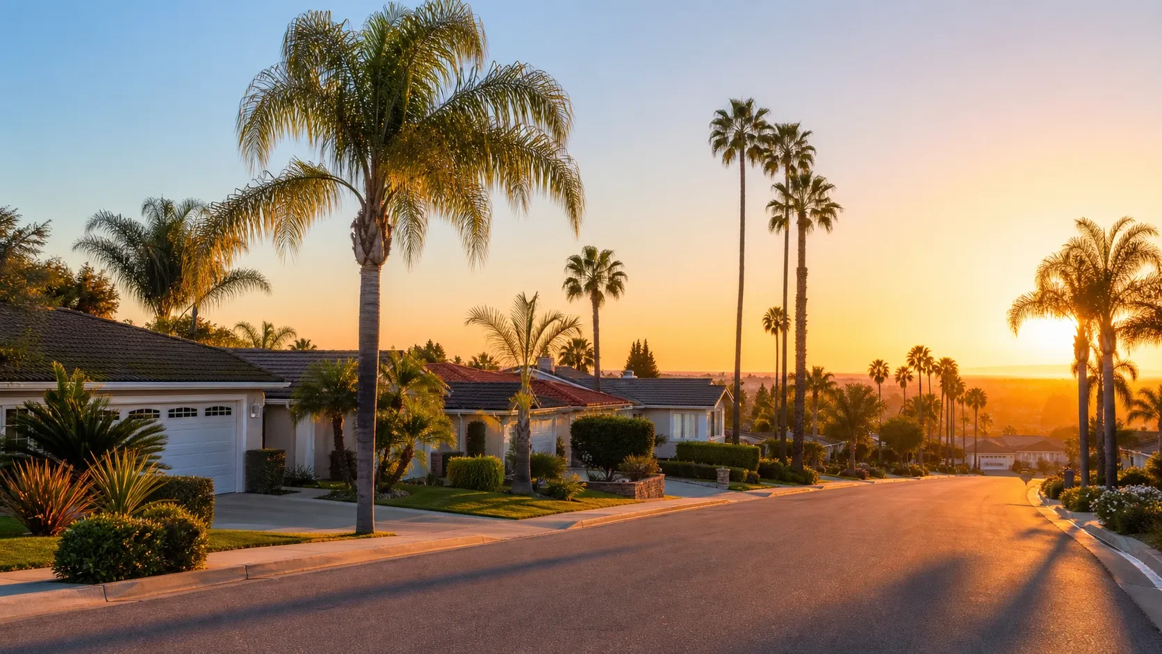 Southern California neighborhood street at sunset