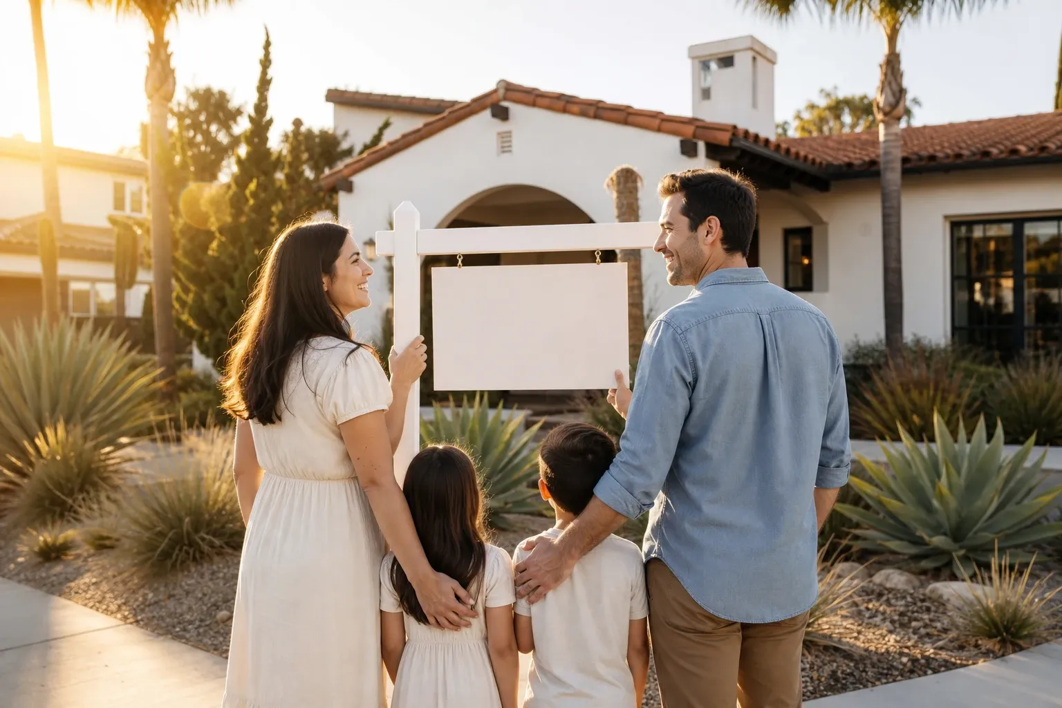 Family celebrating in front of their sold home