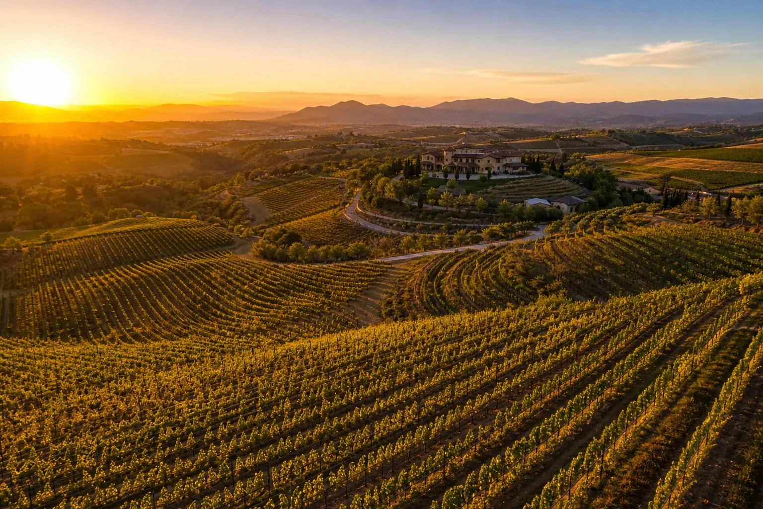 Aerial view of Temecula wine country at golden hour