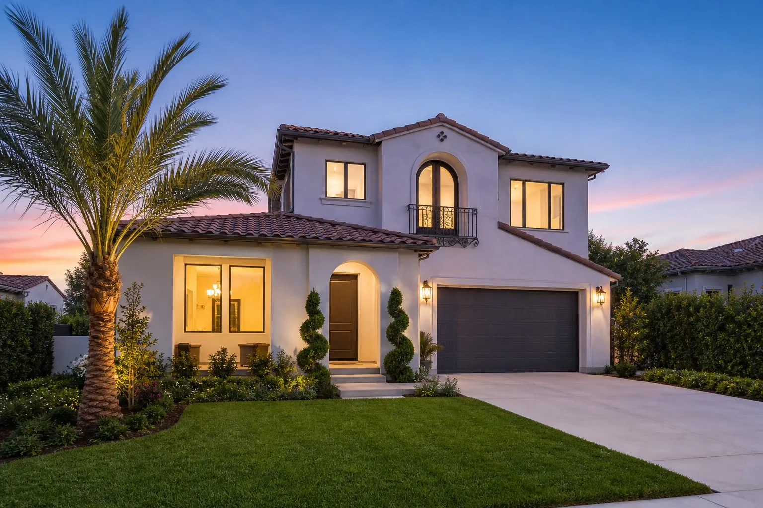 Two-story family home at dusk with warm interior lighting
