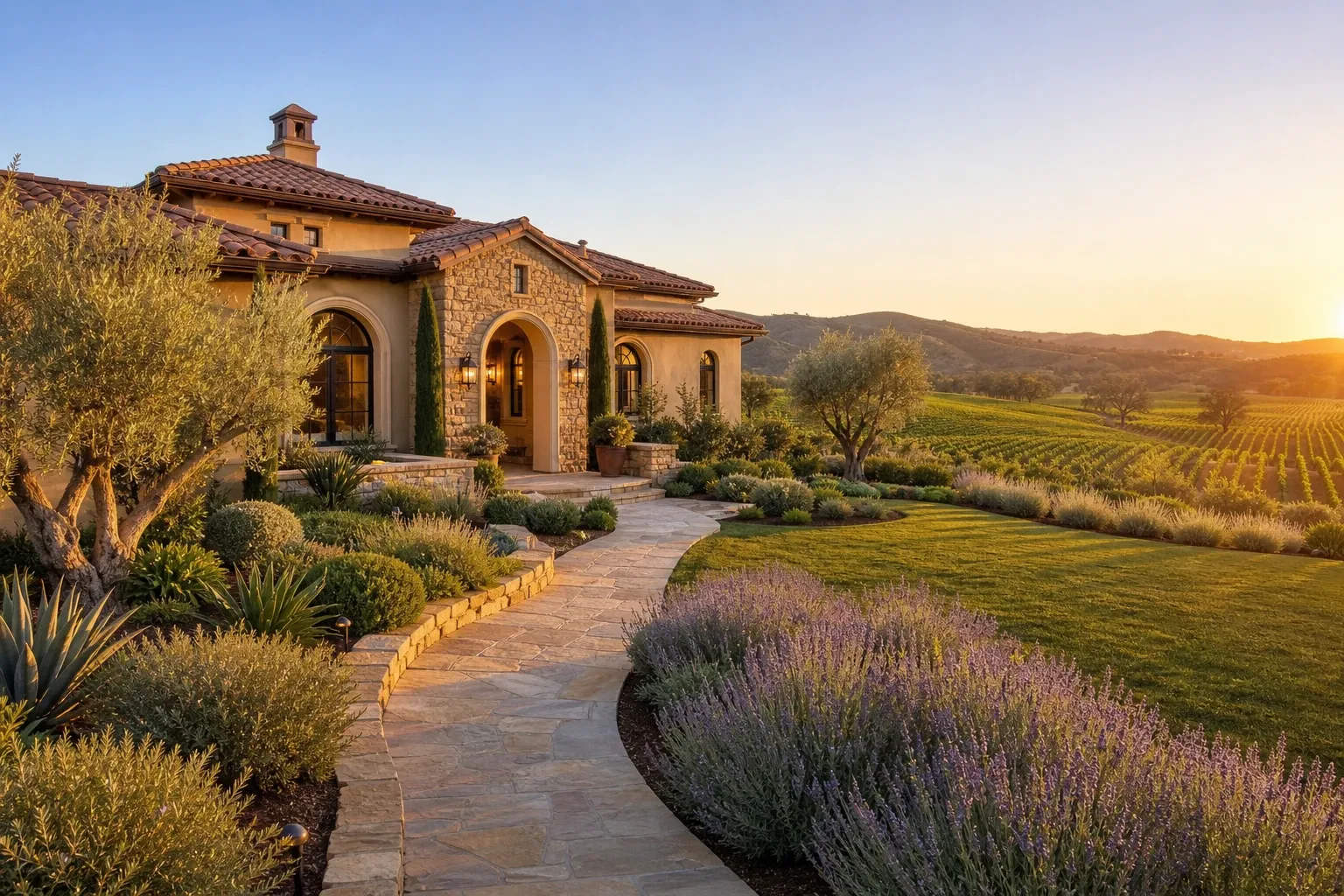 Mediterranean estate home with vineyard views at golden hour