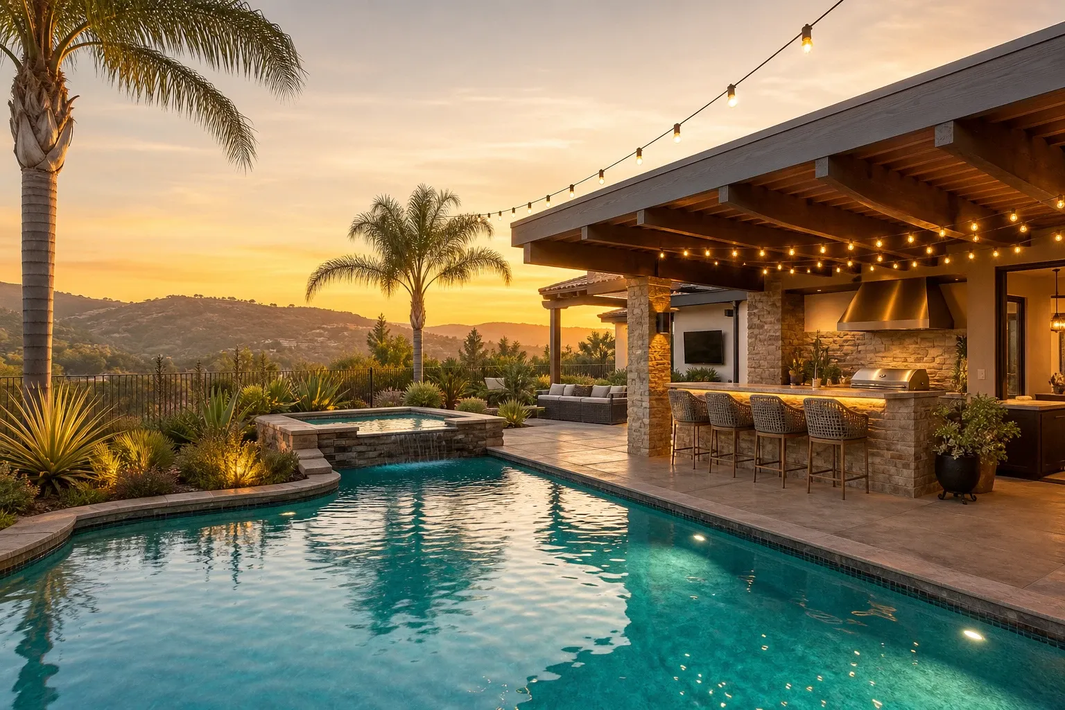 Backyard pool with covered patio and string lights at golden hour