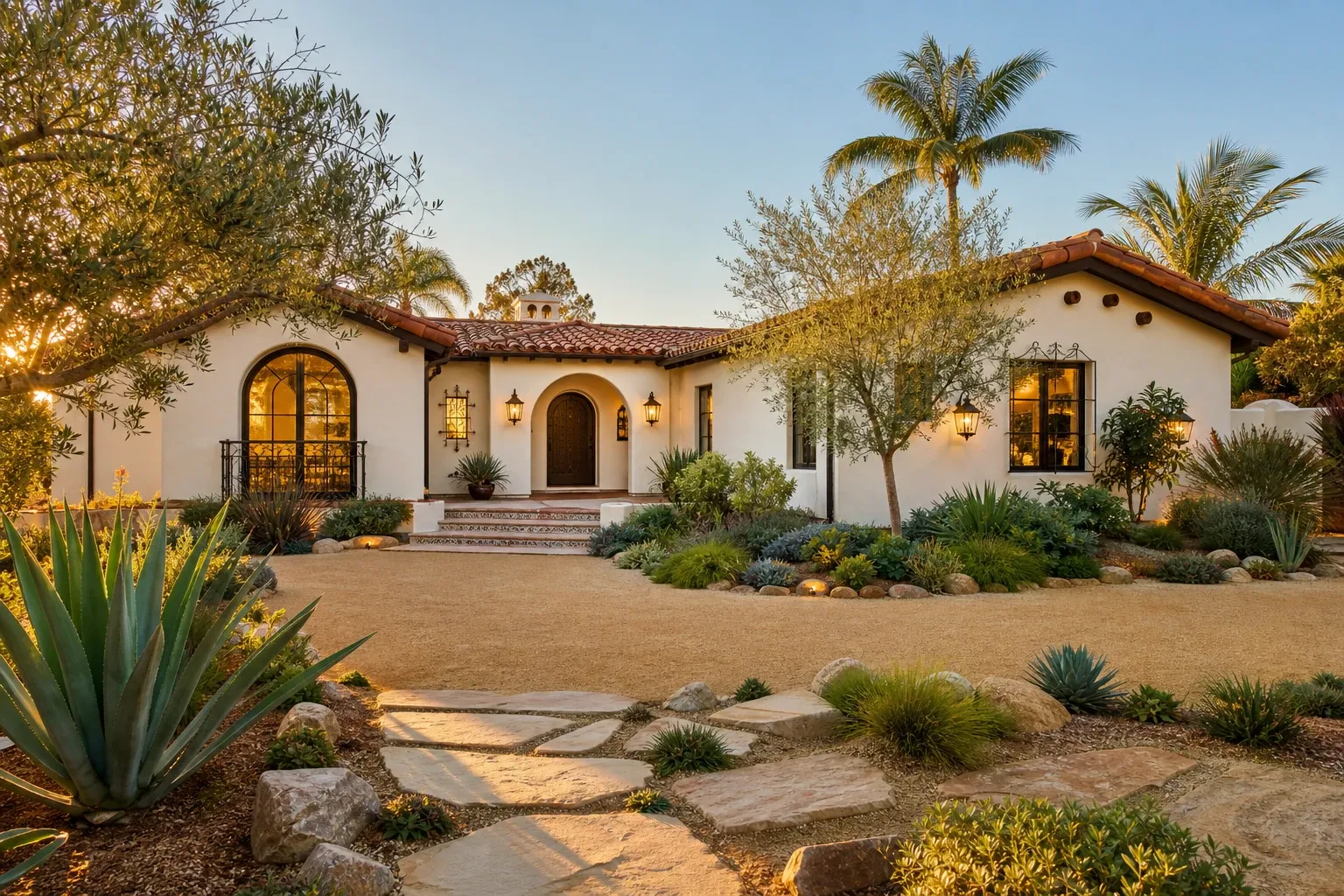 Spanish style home with terracotta tile roof and arched entryway